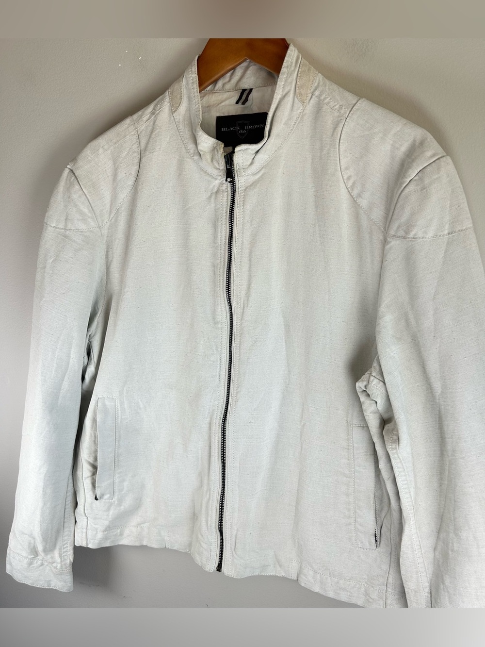 Black Brown 1826 Men's Bomber Jacket Size L Linen Blend Biker Elbow Patches - Picture 4 of 13